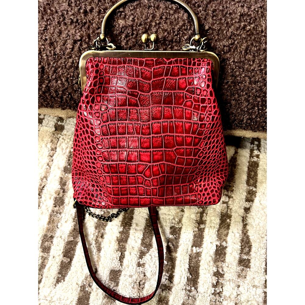 Patricia Nash 10th Ann. Croco Embossed Leather Crossbody Frame Bag Magenta